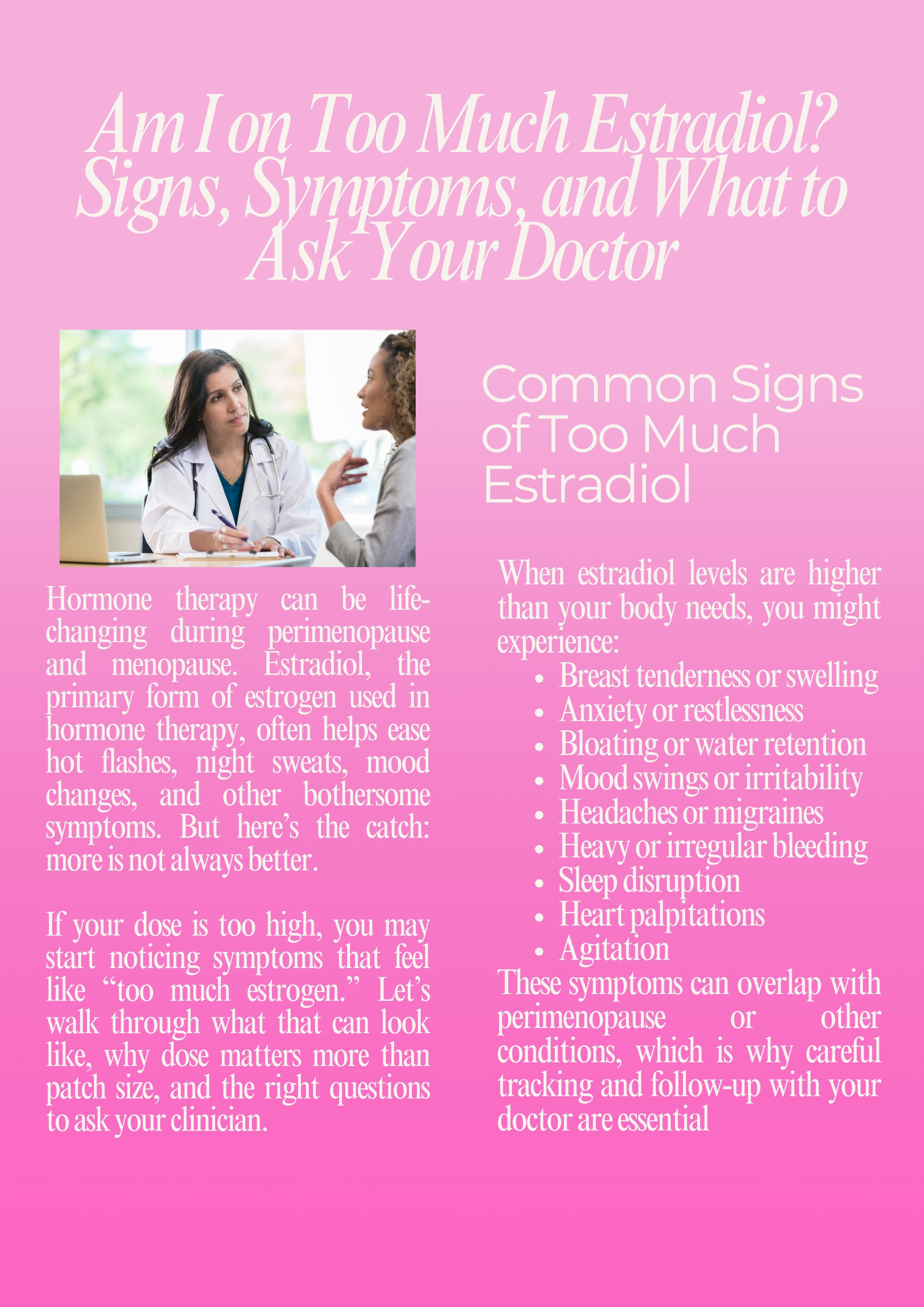 Educational graphic with title “Am I on Too Much Estradiol? Signs, Symptoms, and What to Ask Your Doctor.” Includes a doctor consulting with a patient and a list of common signs such as breast tenderness, anxiety, bloating, mood swings, headaches, heavy bleeding, sleep disruption, heart palpitations, and agitation.