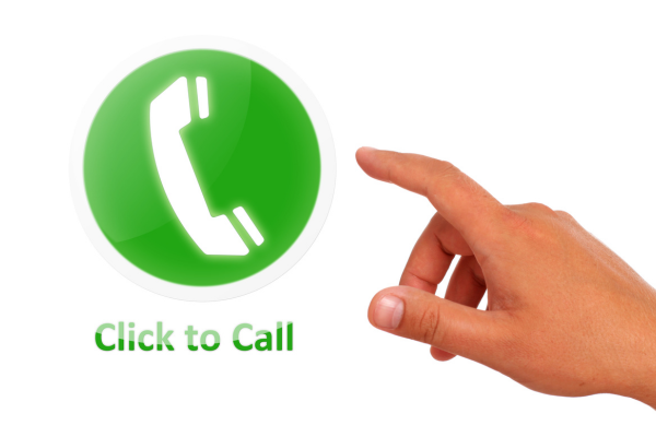 A hand reaching out for a button that says "click to call"