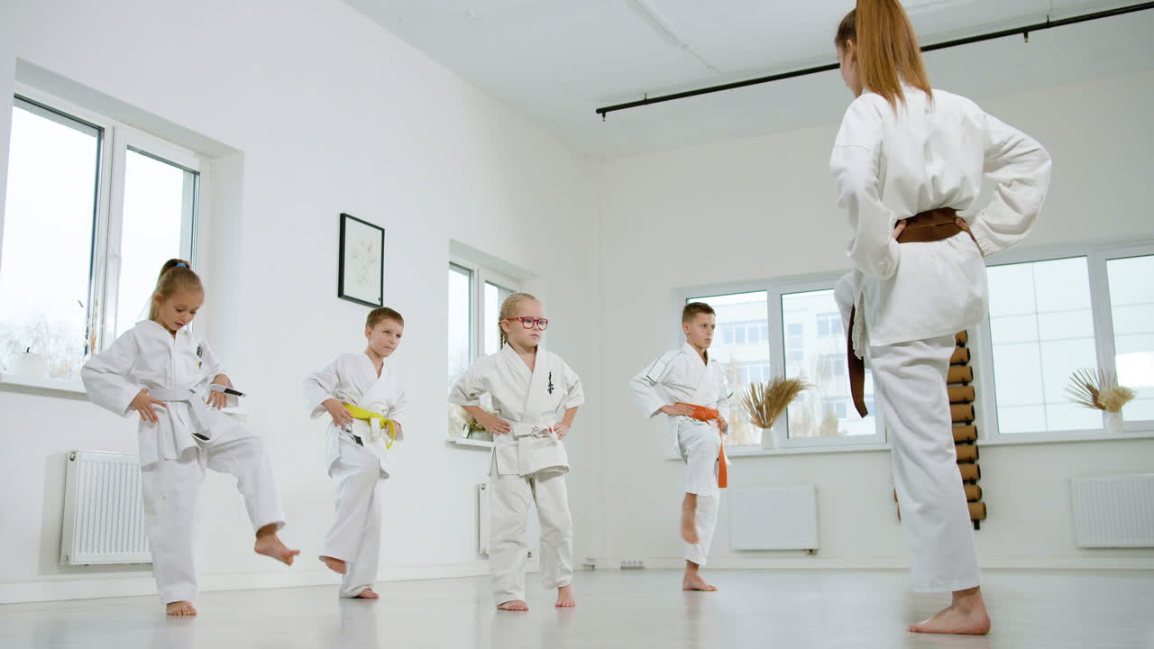 Children in martial arts uniforms lined up and concentrating on their instructor. Children in martial arts uniforms lined up and concentrating on their instructor.