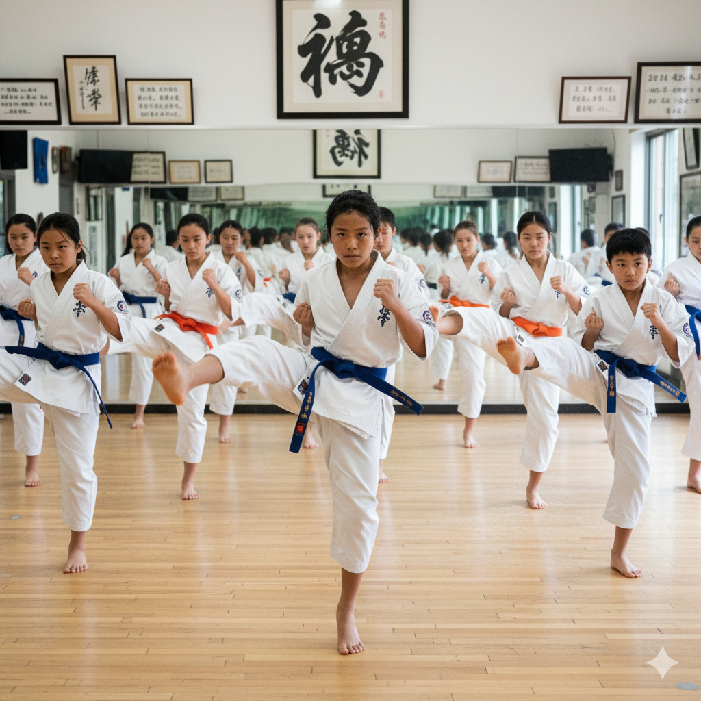 Group of martial arts students performing synchronized kicks in class with strong focus.