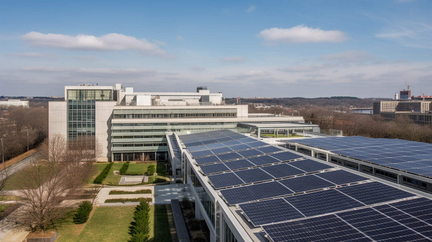 High-efficiency photovoltaic cells and advanced energy storage systems on the Pentagon's rooftop, representing cutting-edge solar technology.