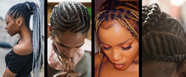 Protective styles collage showing ponytail braids, cornrows, and knotless braid looks