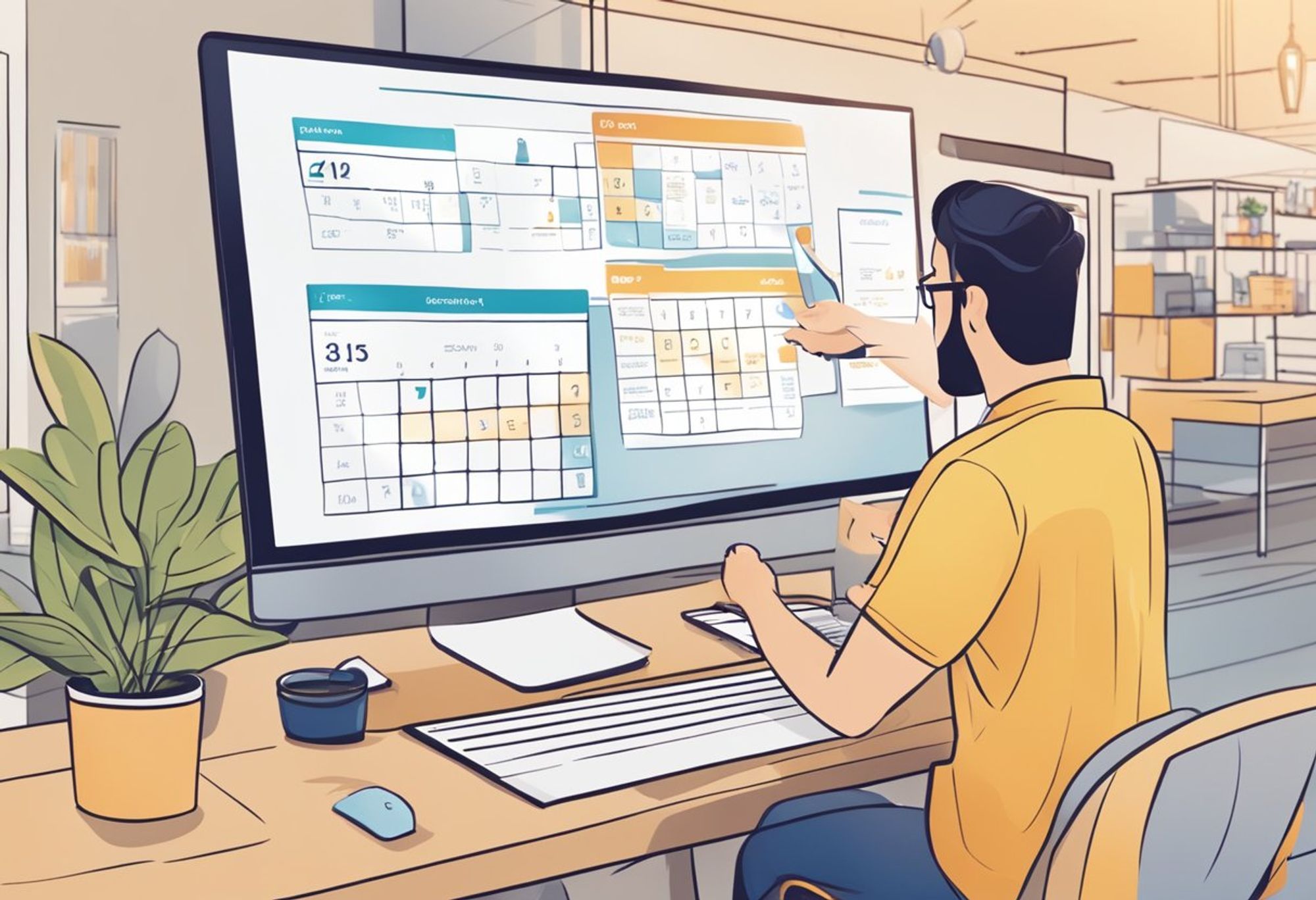 Professional at a modern workstation reviewing a digital calendar on a large monitor, strategically scheduling appointments with the help of AI tools to enhance local business operations.