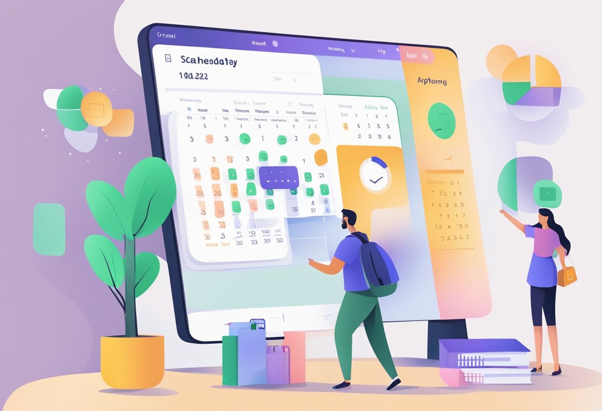 Animated image of two professionals interacting with a giant digital calendar display, showcasing the integration of AI in scheduling and appointment management, with emphasis on user engagement and technology in the workplace