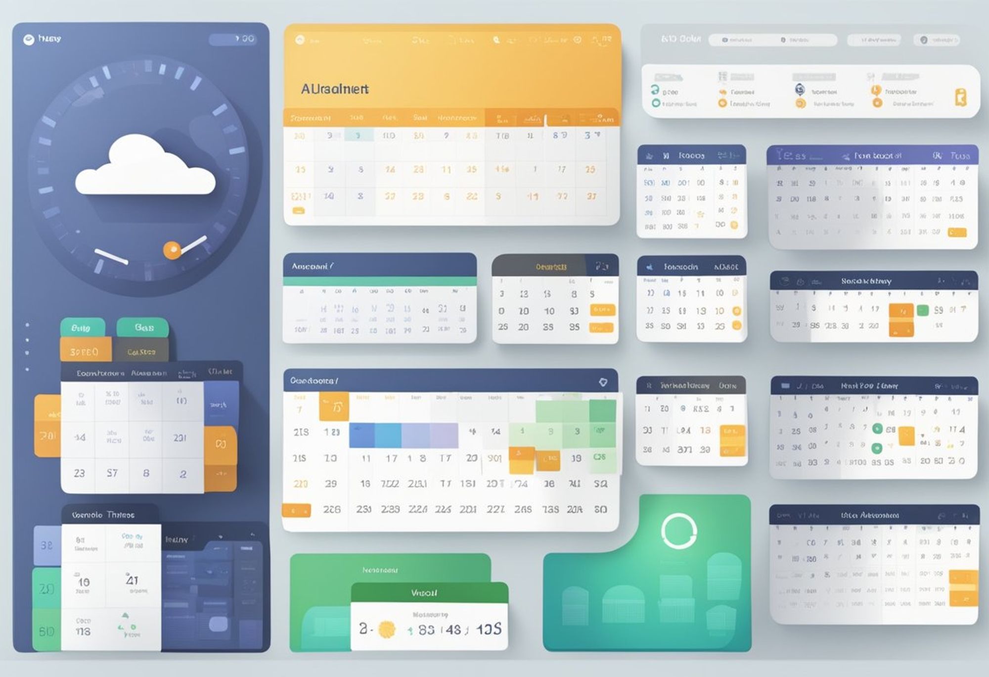 Collage of diverse and colorful AI scheduling interface screens displaying calendars, weather, and task analytics for optimal appointment organization, highlighting the variety of features in AI scheduling tools for business management.