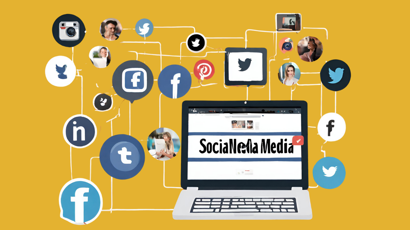 Digital collage of a laptop screen displaying 'Social Media Media' with an interconnected network of various social media platform icons like Facebook, Twitter, Instagram, LinkedIn, and Pinterest, signifying the integrated and expansive nature of social media management.