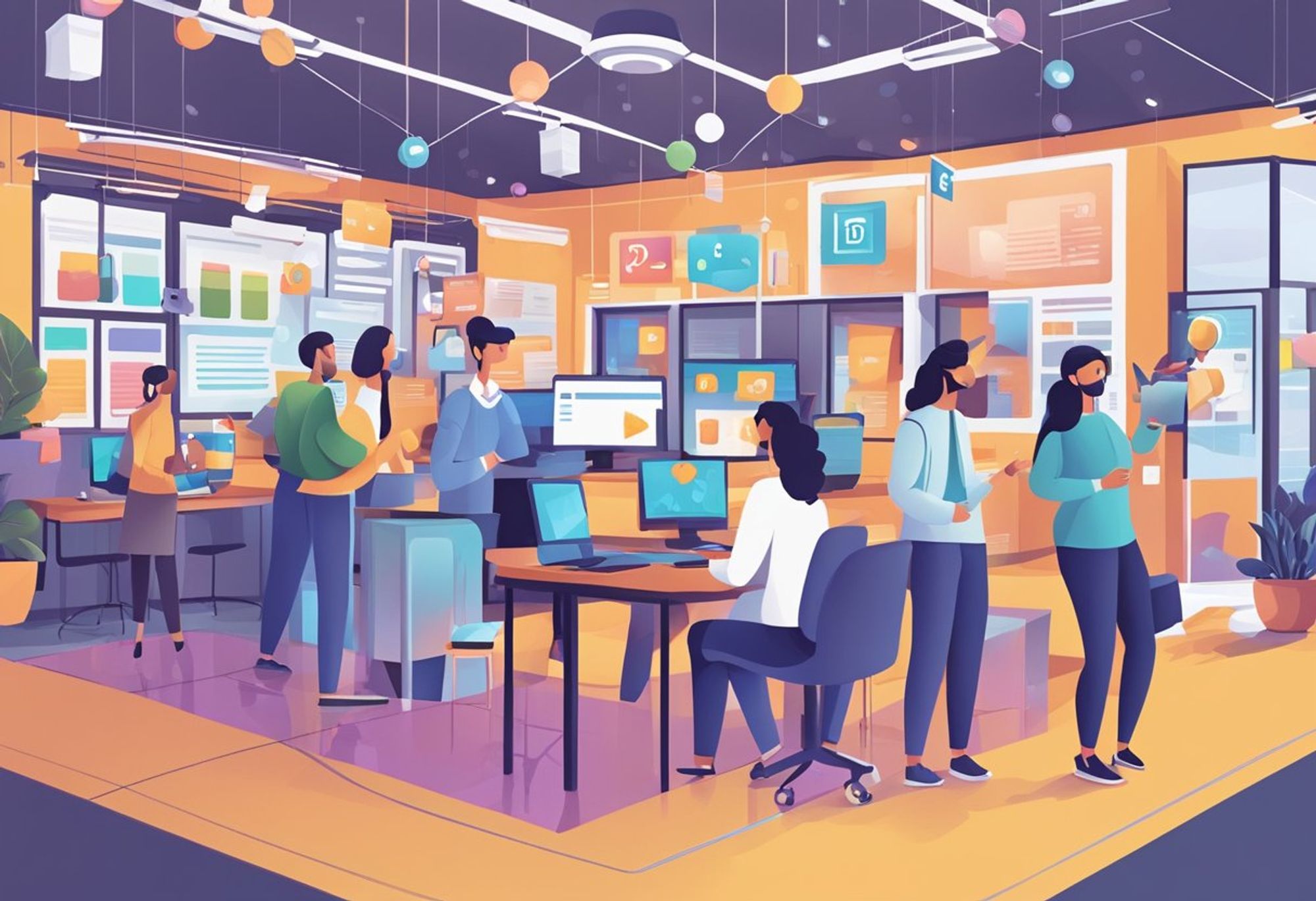 Vibrant illustration of a busy digital marketing office with professionals working on computers and collaborating in a modern workspace, adorned with floating colorful decorations and interactive displays, emphasizing teamwork in social media strategy development.
