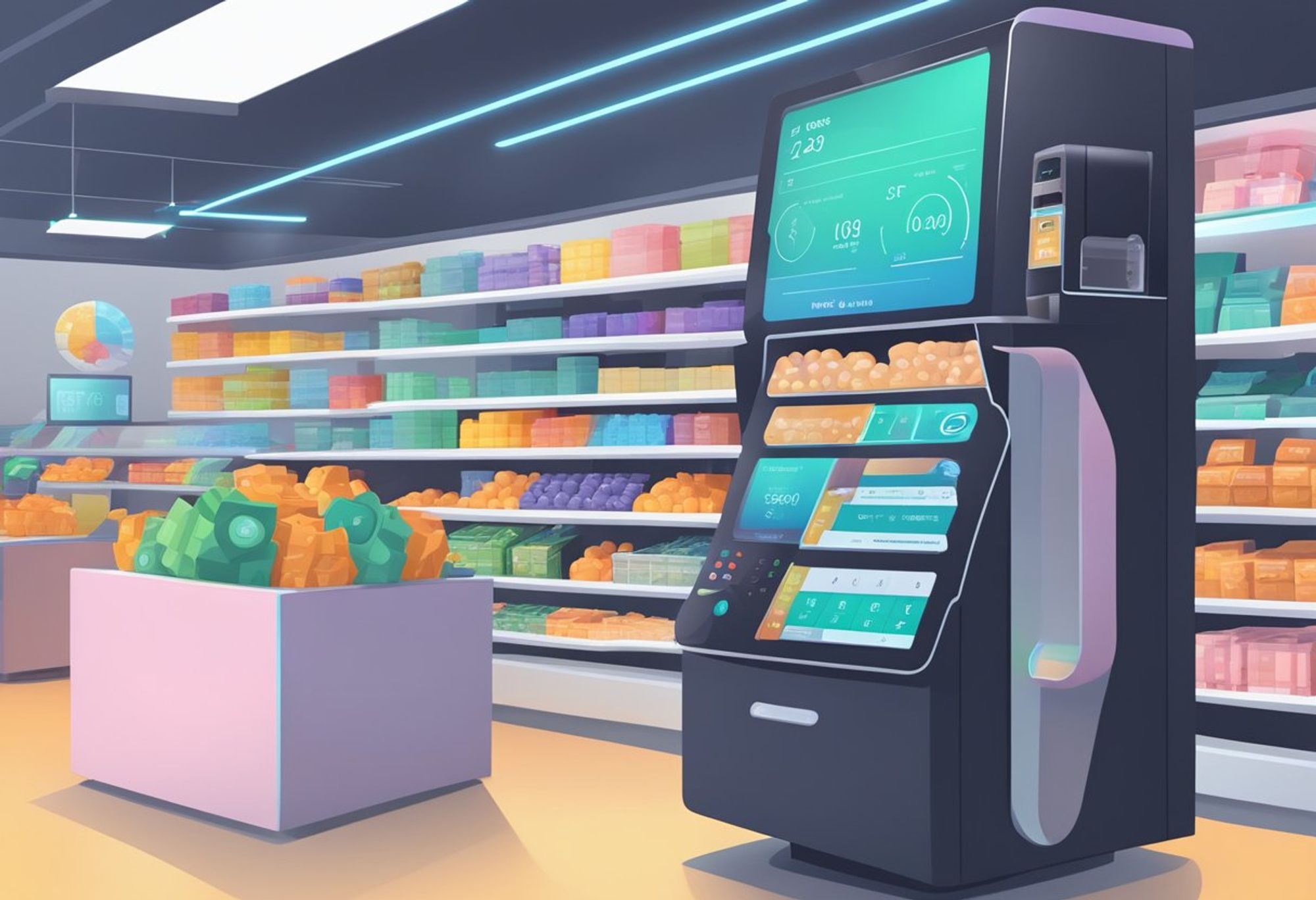 Futuristic AI-enabled self-service checkout kiosk in a brightly lit store, displaying data-driven insights for an enhanced shopping experience.