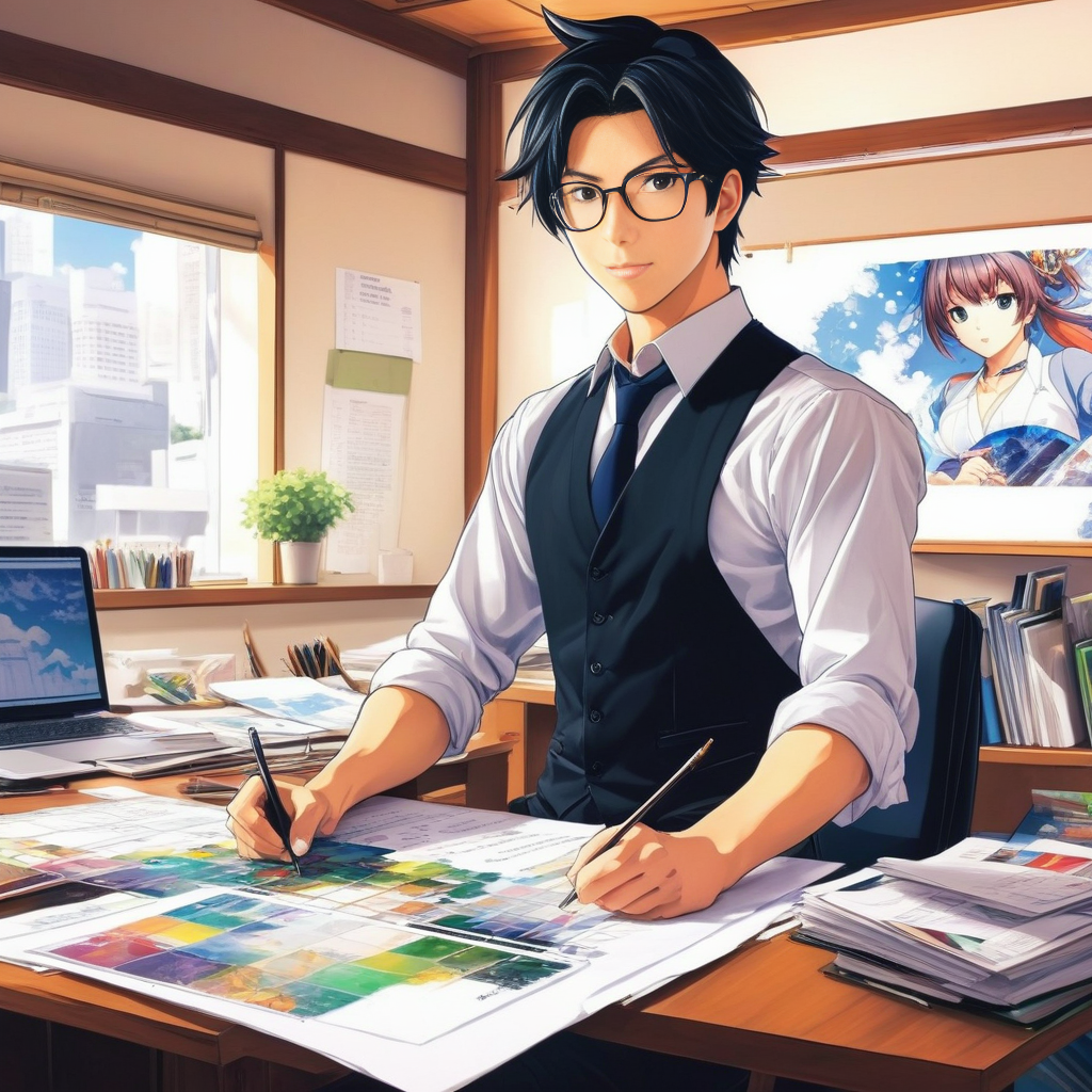  The image features a stylized illustration of a young, professional man with black hair and glasses, working at a desk filled with various documents and a laptop. He is in an office with a large window showing a cityscape, suggesting a setting of productivity and creativity. This setting can represent the roles of an Artist, Manager/Leader, and Entrepreneur in a modern business environment.