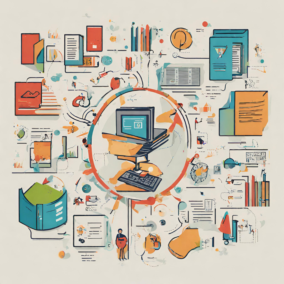 The image is a vibrant and colorful infographic-style illustration depicting various elements related to business and technology. Central to the image is an old-style computer monitor on a stack of books, surrounded by a variety of icons such as documents, pie charts, people figures, office tools, and a few abstract shapes. This creative layout symbolizes the interconnectedness of information, education, and motivation in the modern economy, reflecting the quote "In the new economy, information, education, and motivation are everything." The style and arrangement emphasize a dynamic and integrated approach to business education and technology.