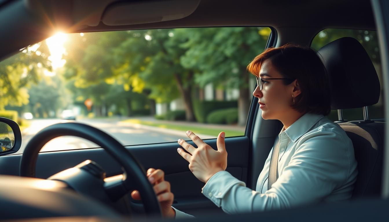 A serene driving lesson scene, featuring a calm instructor guiding an anxious student in a car, surrounded by lush greenery and gentle sunlight filtering through trees. The expression of concentration on the student's face, with