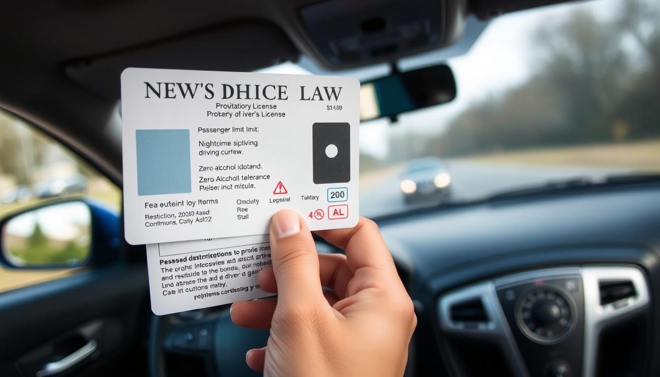 A high-quality, detailed image of the restrictions on a New Jersey probationary driver's license. The foreground features a realistic, close-up view of a probationary license, with its key restrictions prominently displayed, such a