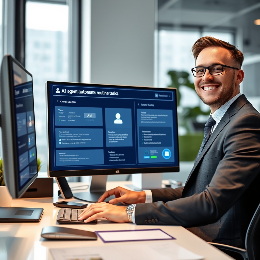 A modern office with a computer screen displaying an AI agent automating routine tasks for customer service. A happy businessman sits at the desk, smiling confidently, reflecting satisfaction with streamlined operations and increased productivity A modern office with a computer screen displaying an AI agent automating routine tasks for customer service. A happy businessman sits at the desk, smiling confidently, reflecting satisfaction with streamlined operations and increased productivity