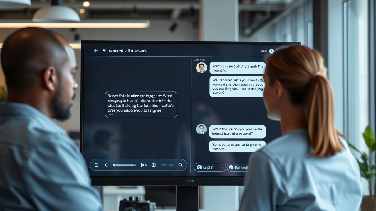 An AI-powered virtual assistant on a screen interacting with a person in a modern workspace, symbolizing conversational AI bridging the gap between human communication and machine technology. An AI-powered virtual assistant on a screen interacting with a person in a modern workspace, symbolizing conversational AI bridging the gap between human communication and machine technology.