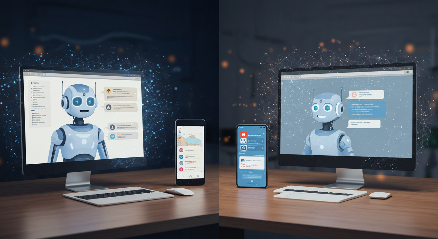 Modern digital marketing workspace featuring an AI-powered chatbot interacting with customers in real-time. The chatbot is displayed on a sleek website interface, a social media app, and a mobile SMS screen, seamlessly communicating across platforms. The background features a glowing neural network, representing Conversational AI’s ability to understand and respond intelligently. One side of the image shows a basic, scripted chatbot with limited responses, while the other side showcases an advanced AI bot engaging in natural, dynamic conversation. The scene highlights innovation, efficiency, and the future of automated marketing interactions. Modern digital marketing workspace featuring an AI-powered chatbot interacting with customers in real-time. The chatbot is displayed on a sleek website interface, a social media app, and a mobile SMS screen, seamlessly communicating across platforms. The background features a glowing neural network, representing Conversational AI’s ability to understand and respond intelligently. One side of the image shows a basic, scripted chatbot with limited responses, while the other side showcases an advanced AI bot engaging in natural, dynamic conversation. The scene highlights innovation, efficiency, and the future of automated marketing interactions.
