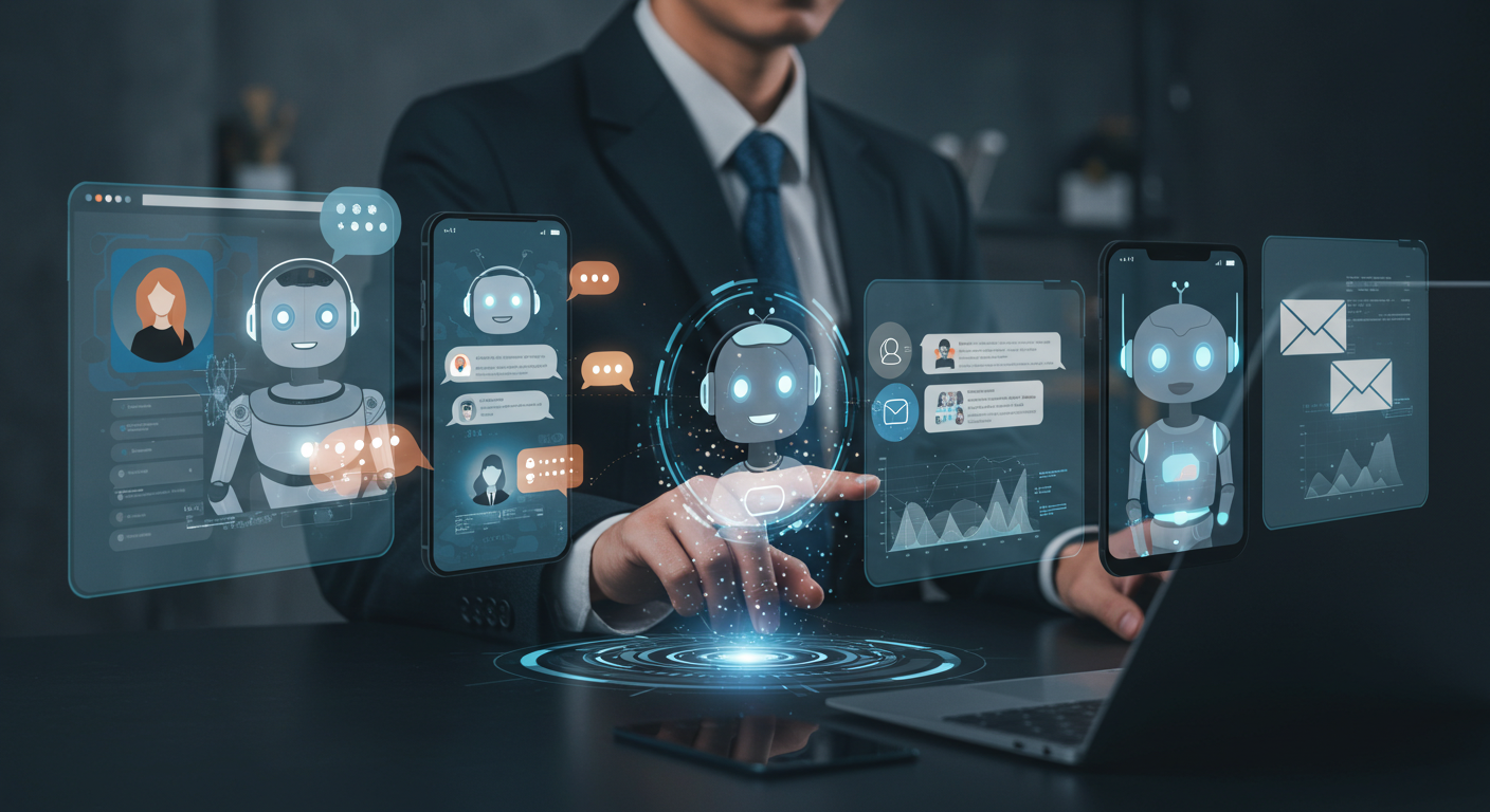 "Futuristic and visually engaging depiction of AI-powered chatbots seamlessly integrating into multiple marketing channels. The image features a modern workspace with simultaneous digital interactions: a chatbot assisting a visitor on a website, a smartphone displaying a chatbot conversation on a social media app, and a floating email interface automating customer follow-ups. In the foreground, a business professional monitors these AI-driven interactions on a sleek dashboard, with holographic chatbot icons representing real-time engagement. The setting is high-tech and innovative, with a clean design and a glowing digital network emphasizing efficiency and automation. No text is present, focusing solely on visual storytelling. "Futuristic and visually engaging depiction of AI-powered chatbots seamlessly integrating into multiple marketing channels. The image features a modern workspace with simultaneous digital interactions: a chatbot assisting a visitor on a website, a smartphone displaying a chatbot conversation on a social media app, and a floating email interface automating customer follow-ups. In the foreground, a business professional monitors these AI-driven interactions on a sleek dashboard, with holographic chatbot icons representing real-time engagement. The setting is high-tech and innovative, with a clean design and a glowing digital network emphasizing efficiency and automation. No text is present, focusing solely on visual storytelling.