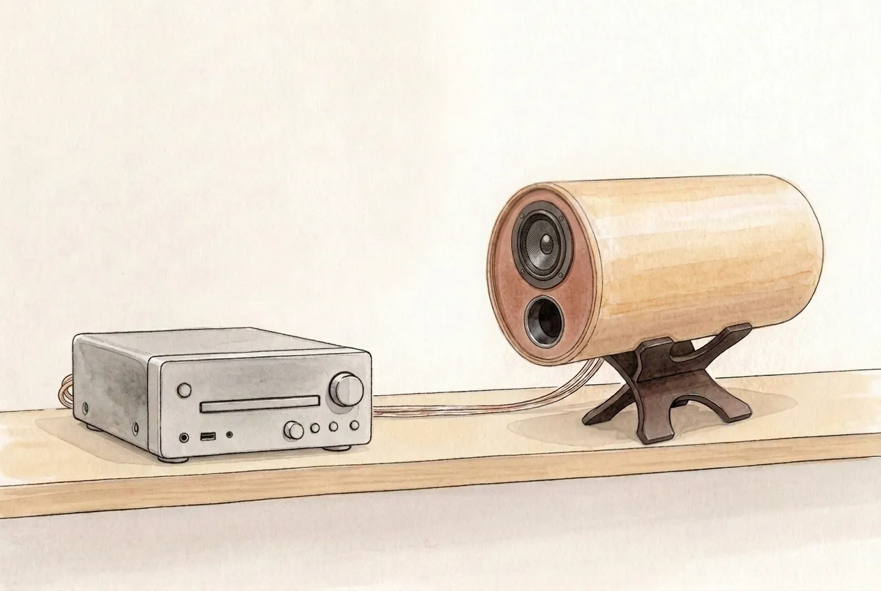 アンプ（CDレシーバー）と波動スピーカーを、スピーカーケーブルでつないだ様子のイラスト（イメージ）