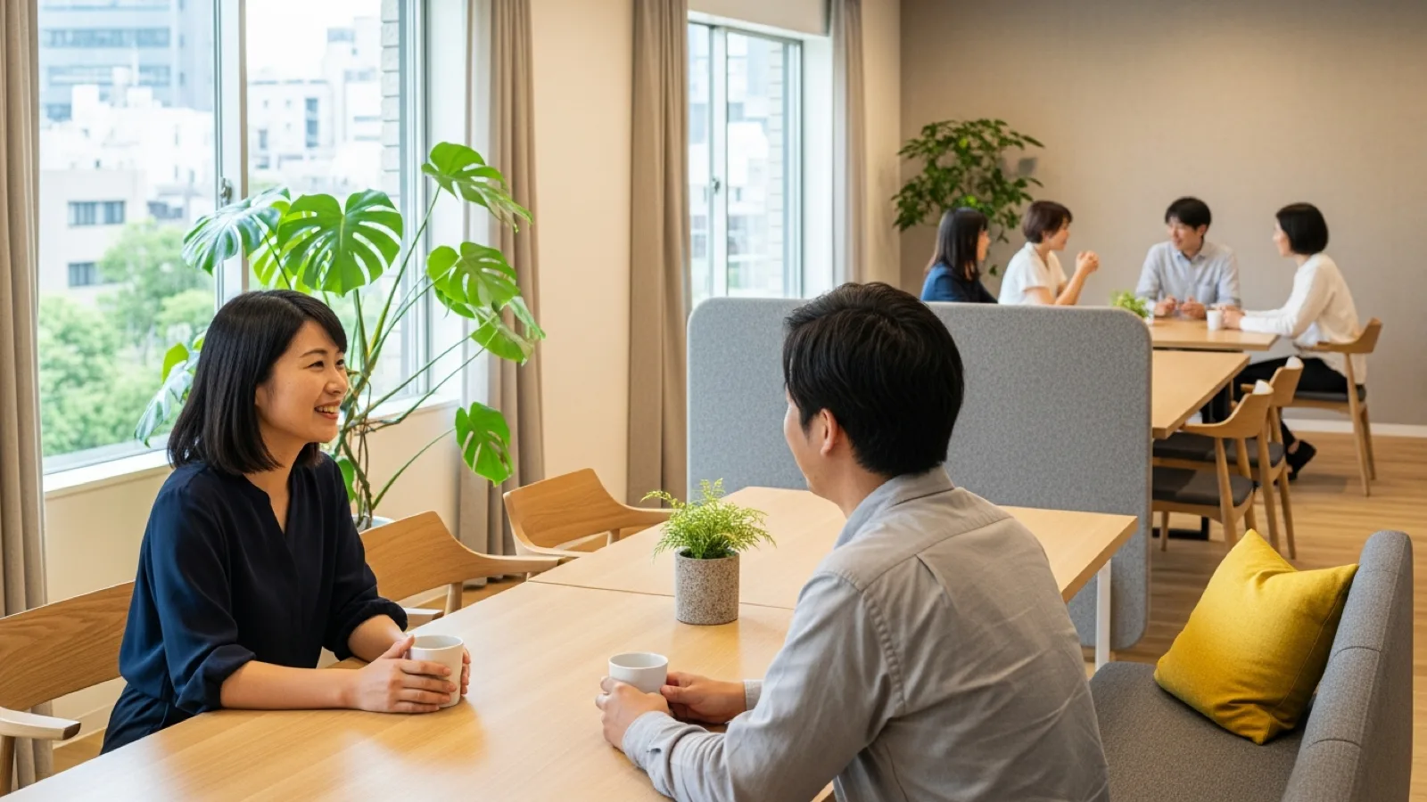 やわらかな背景音に包まれ、向かい合って自然に会話するオフィスラウンジ
