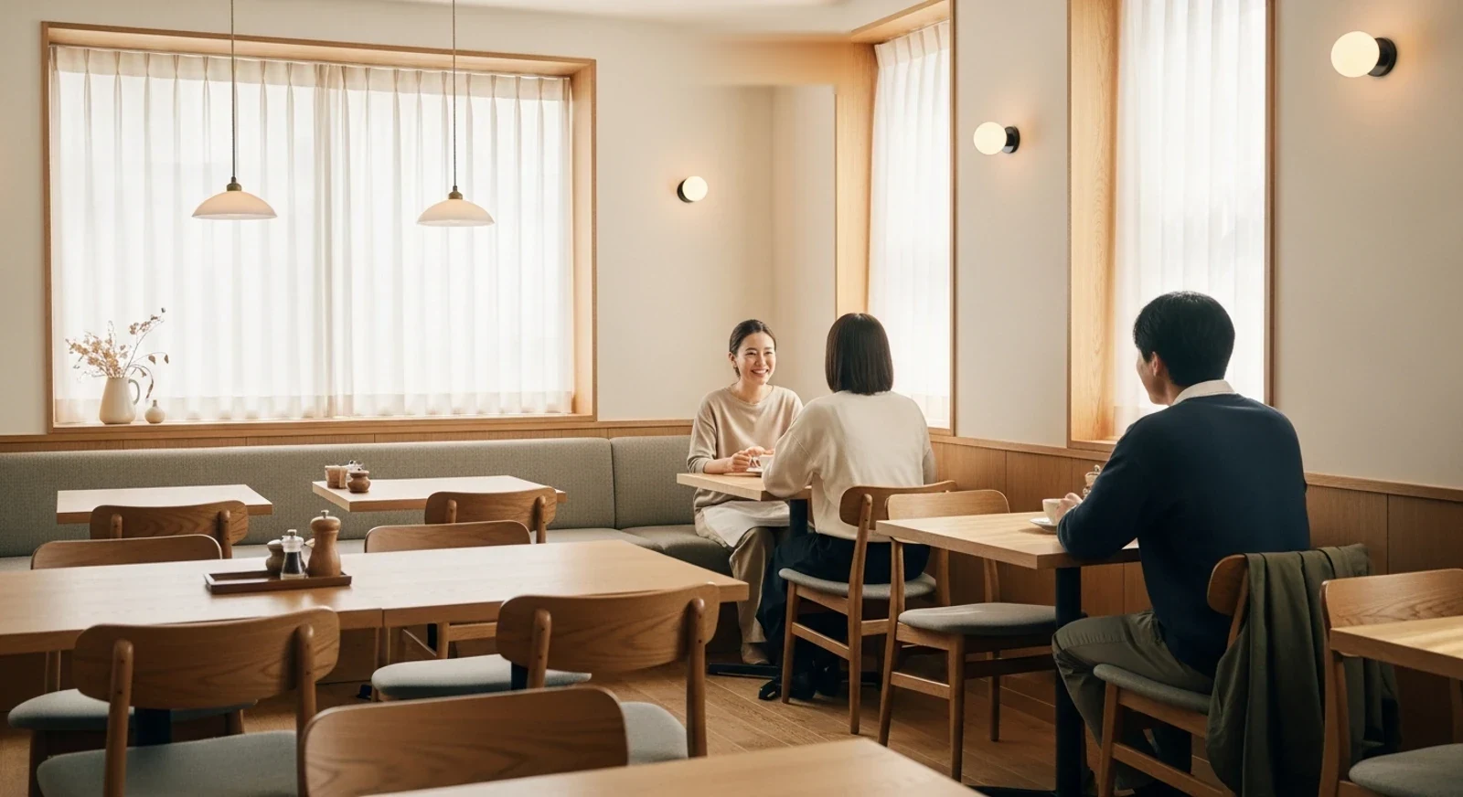 明るいカフェで、声を張らずに会話を楽しむお客様。長居したくなる、また来たくなる居心地
