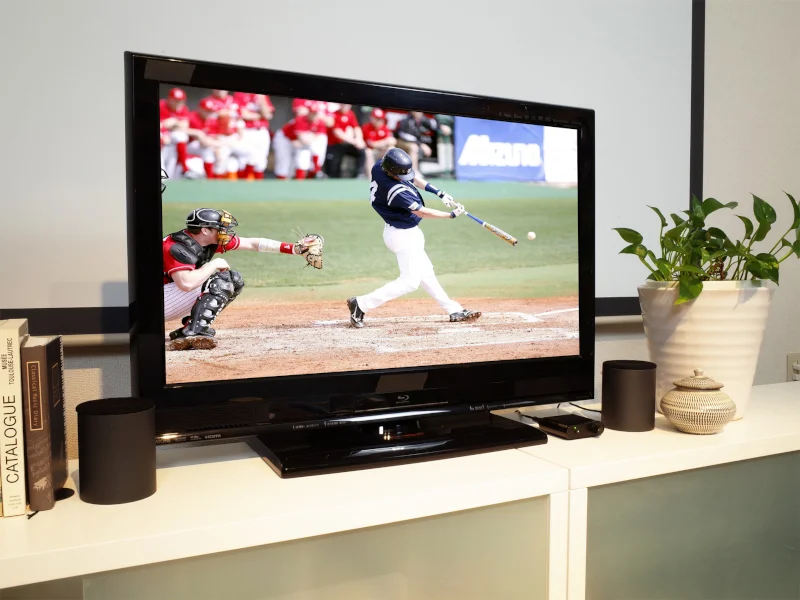 リビングのテレビ台に置かれたテレビと、その両脇に立てて置かれた MTVS のスピーカー2台。テレビには野球中継が映っている