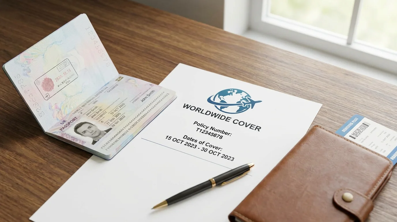 Travel insurance document and passport