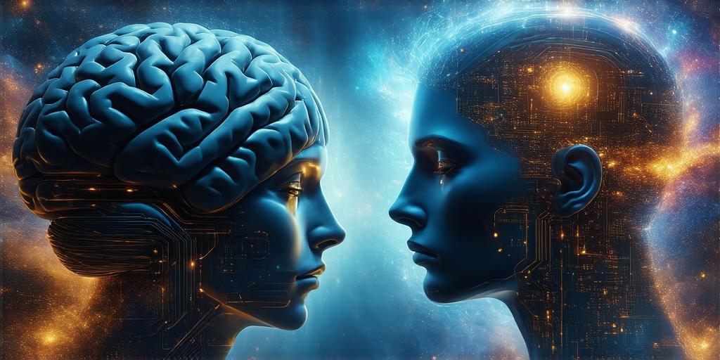 Illustration comparing a human brain glowingly efficient next to a large, power-hungry server rack representing AI.