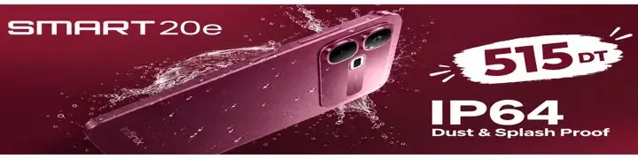 Smartphone Infinix Smart 20e étanche avec protection IP64 contre la poussière et les éclaboussures.