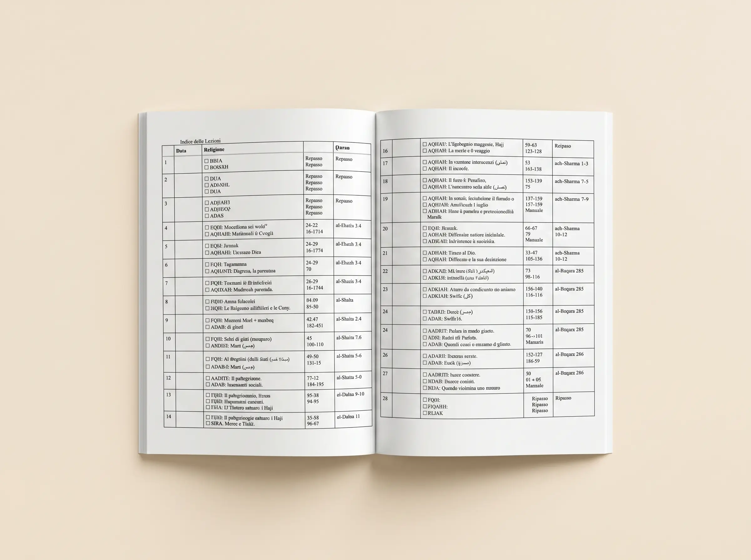 Il manuale del docente aperto sull'indice delle 28 lezioni dell'anno.