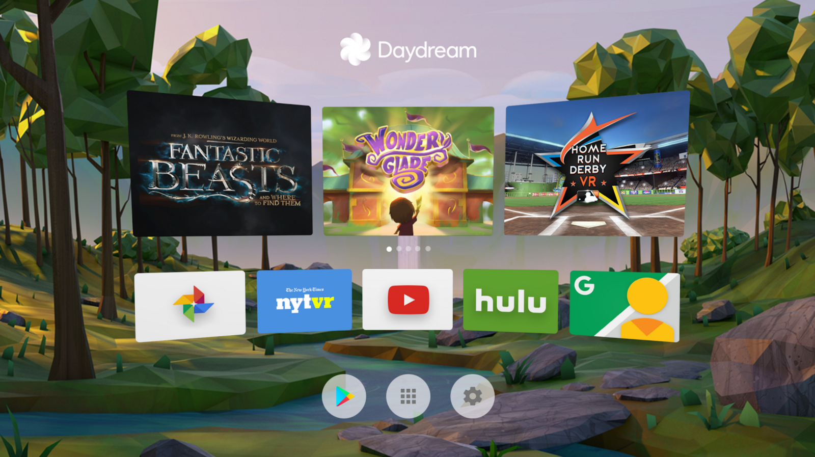 Daydream System UI Home screen with suggested content, app tiles, Play store and settings.