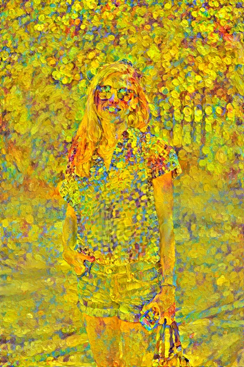 Neural style transfer example image: Erin with round yellow brush strokes.