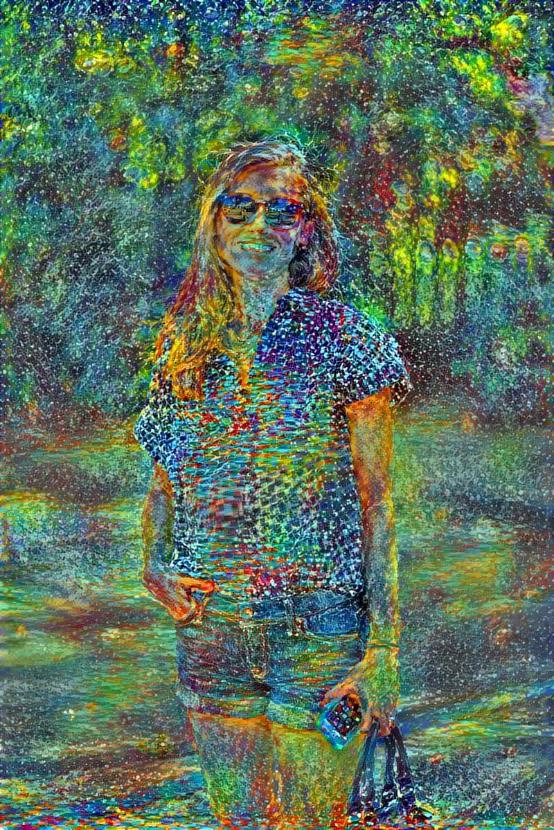 Neural style transfer example image: Erin with speckled paint.