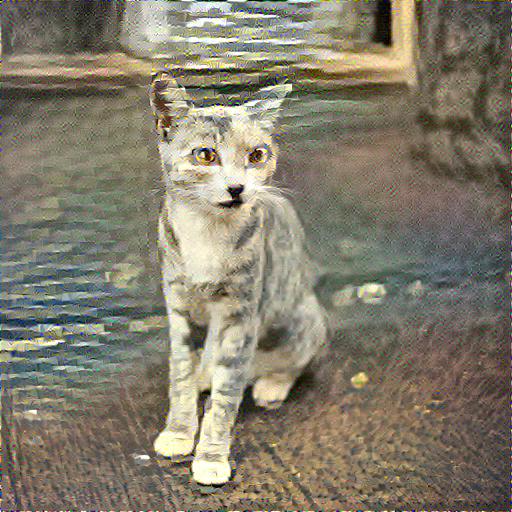 Cat styleized with watercolor painting at ratios of Content 100 Style 100.