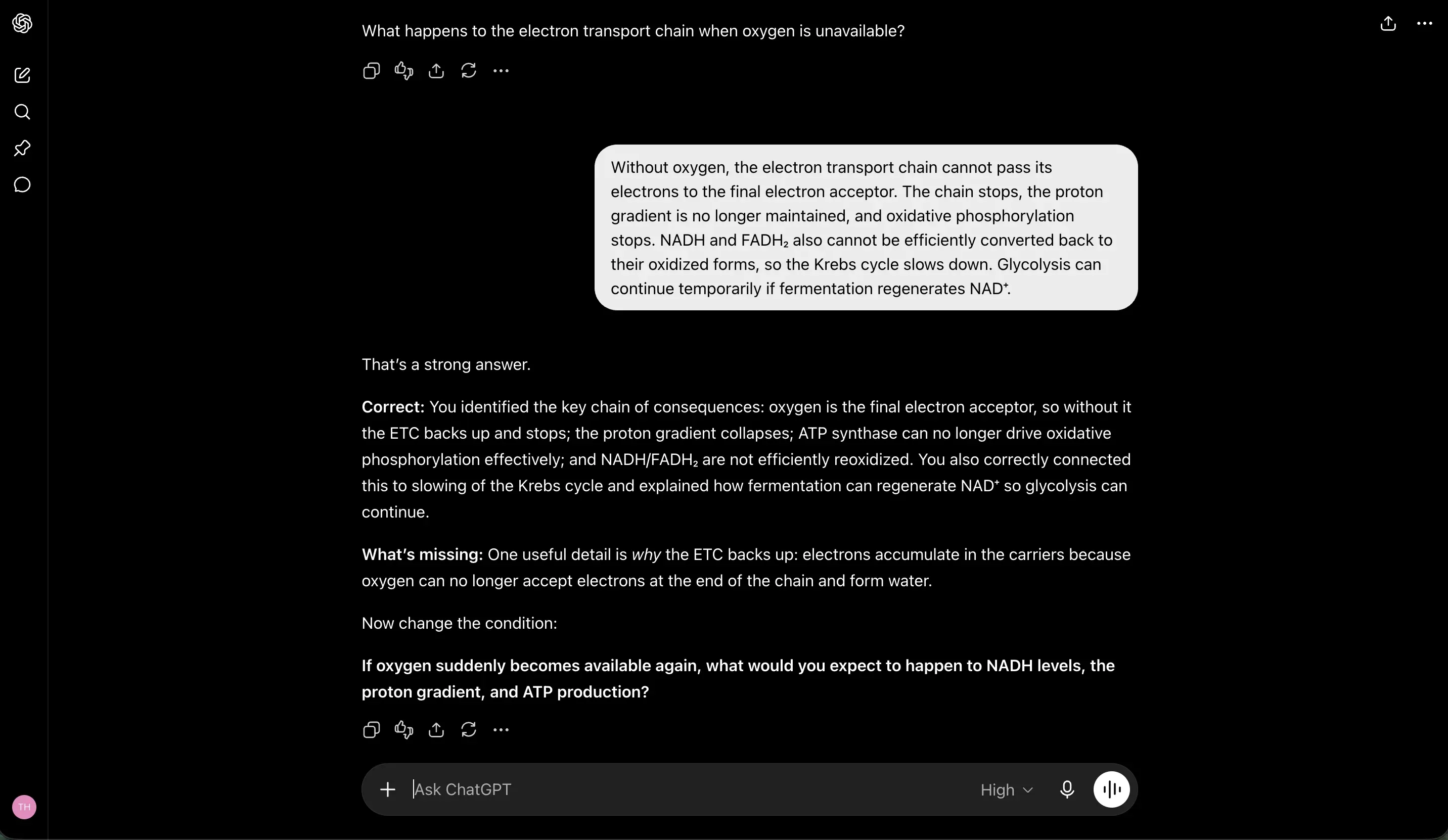 A ChatGPT tutoring exchange showing feedback on a student's answer and a changed follow-up question.