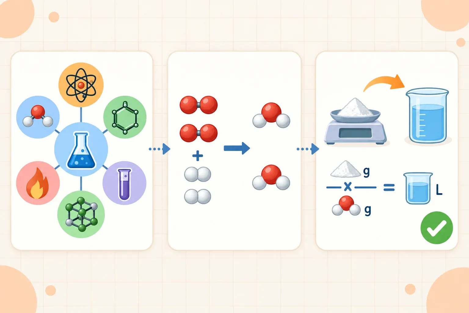 Chemistry study map linking concepts, equations, and calculations