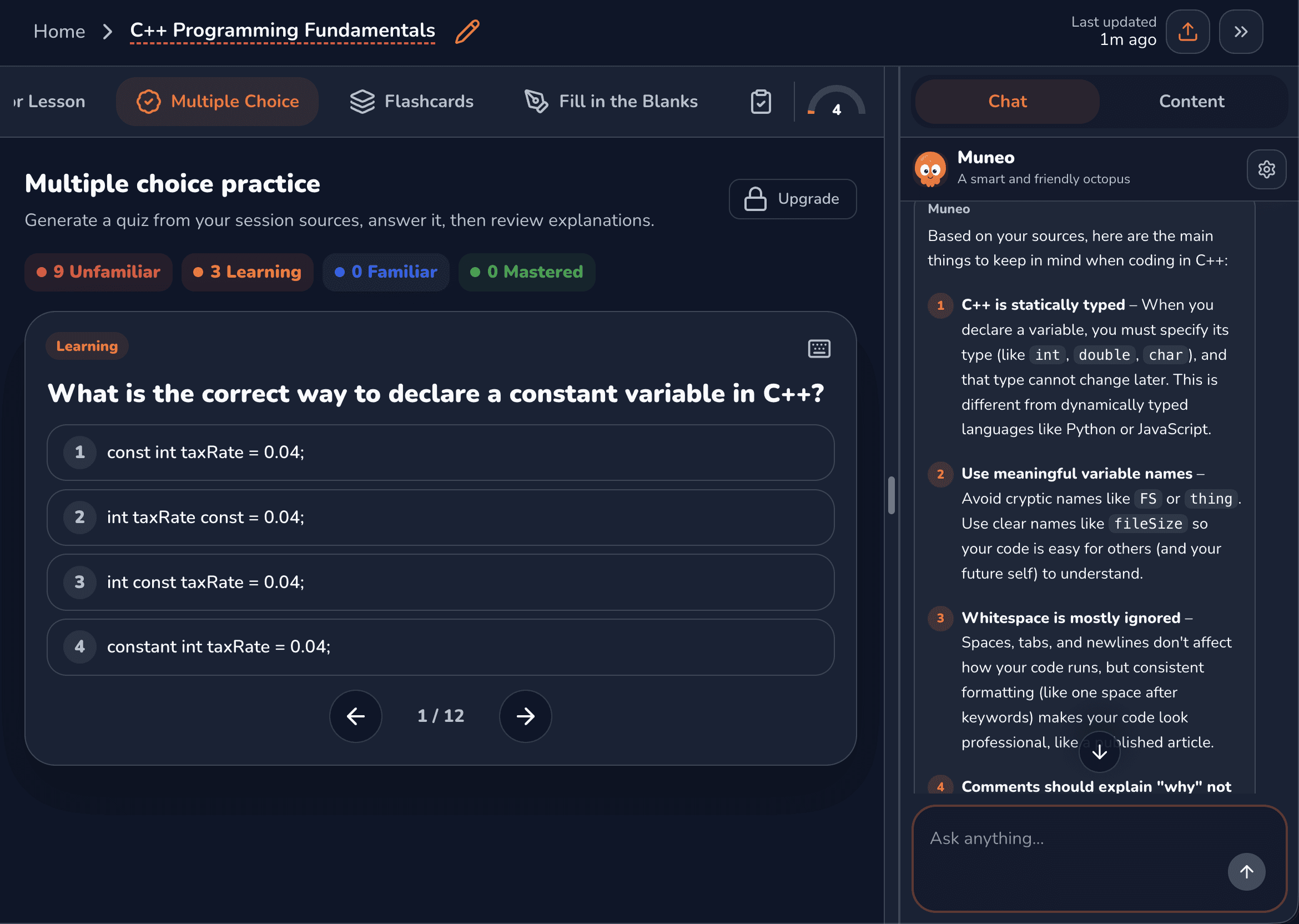 Muneo generated multiple-choice quiz from a study source
