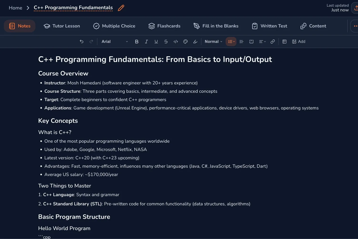 Muneo notes editor showing organized course notes