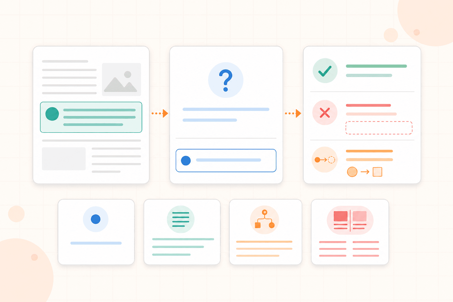 A practice question workflow showing a source becoming a focused prompt, a checked answer, and a changed application.