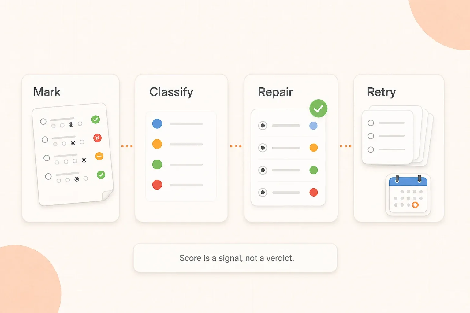 A four-step practice-test review workflow: mark, classify, repair, and retry.