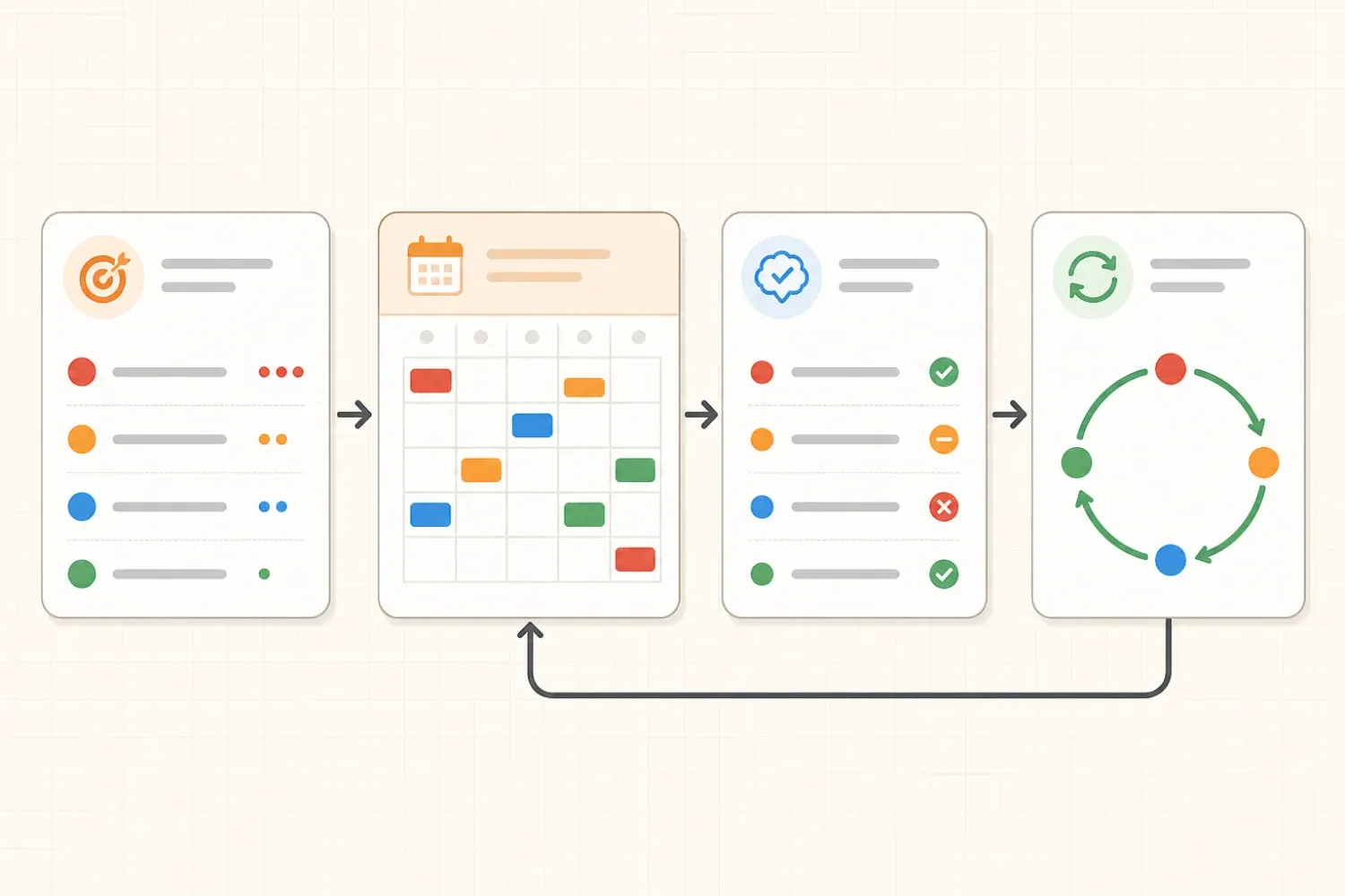 Revision timetable workflow showing topic selection, calendar allocation, recall checks, and schedule adjustment