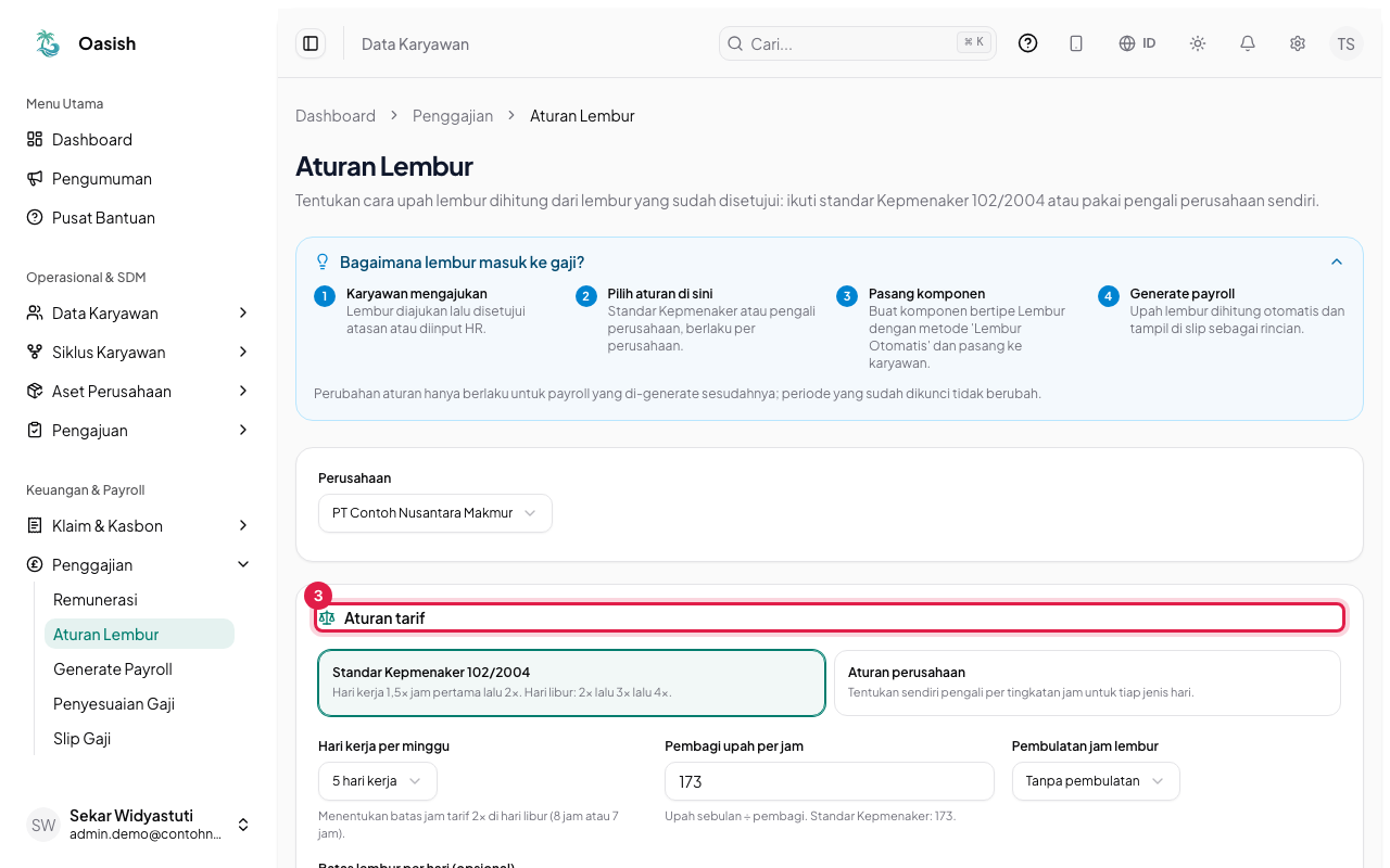 Pilihan aturan tarif lembur