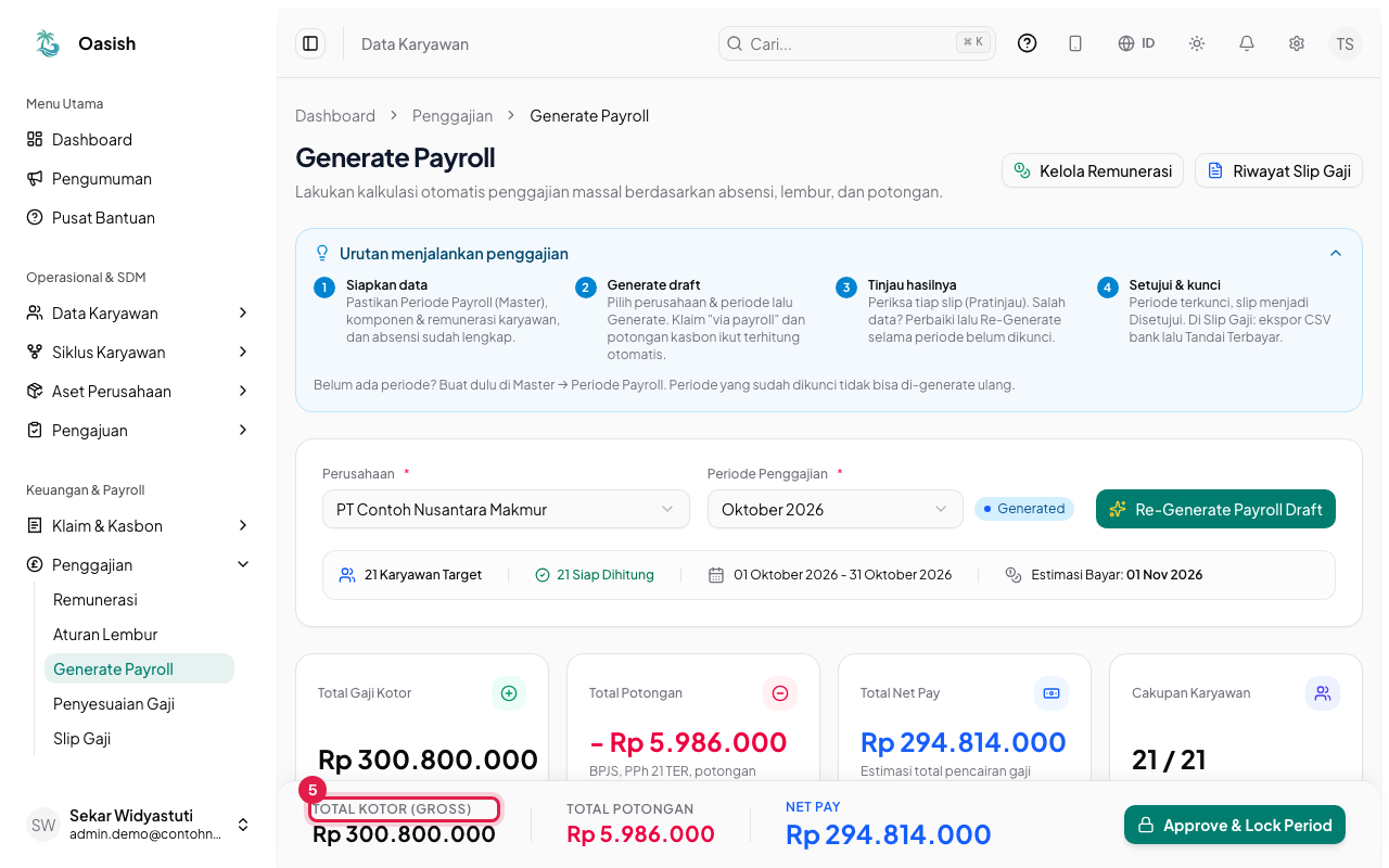 Bilah total kotor, potongan, dan net pay