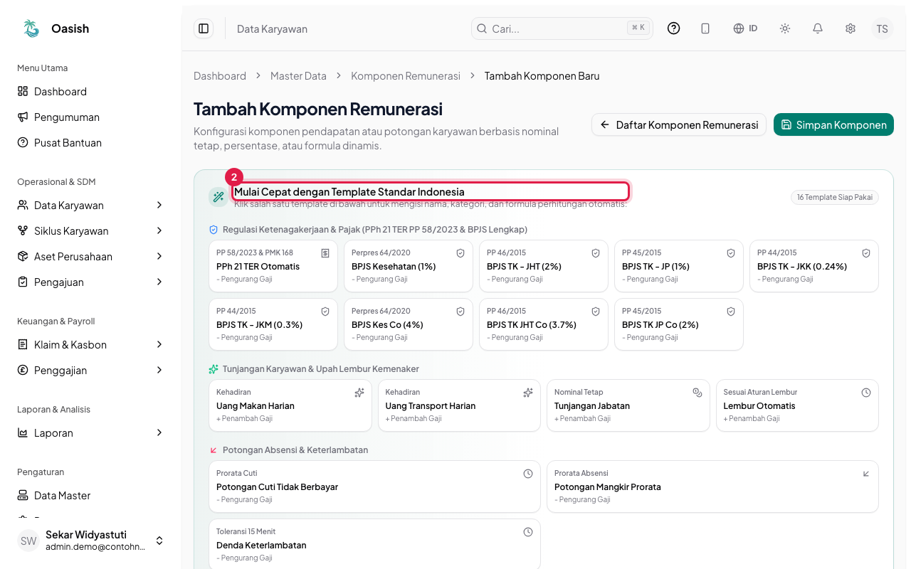 Template standar Indonesia pada halaman tambah komponen
