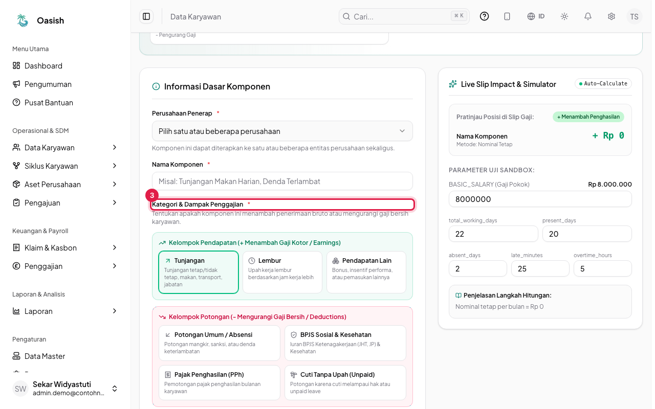 Bagian informasi dasar dan kategori komponen