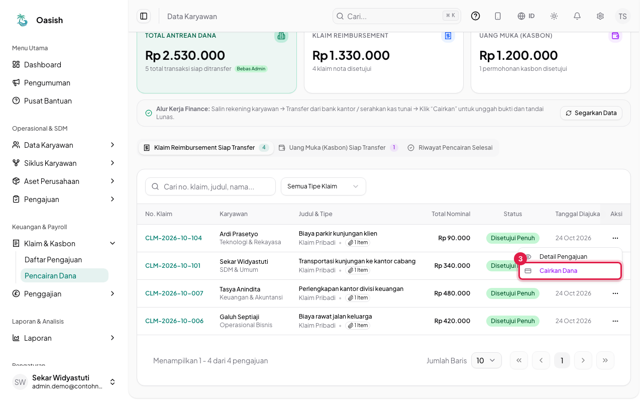 Menu aksi dengan pilihan Cairkan Dana