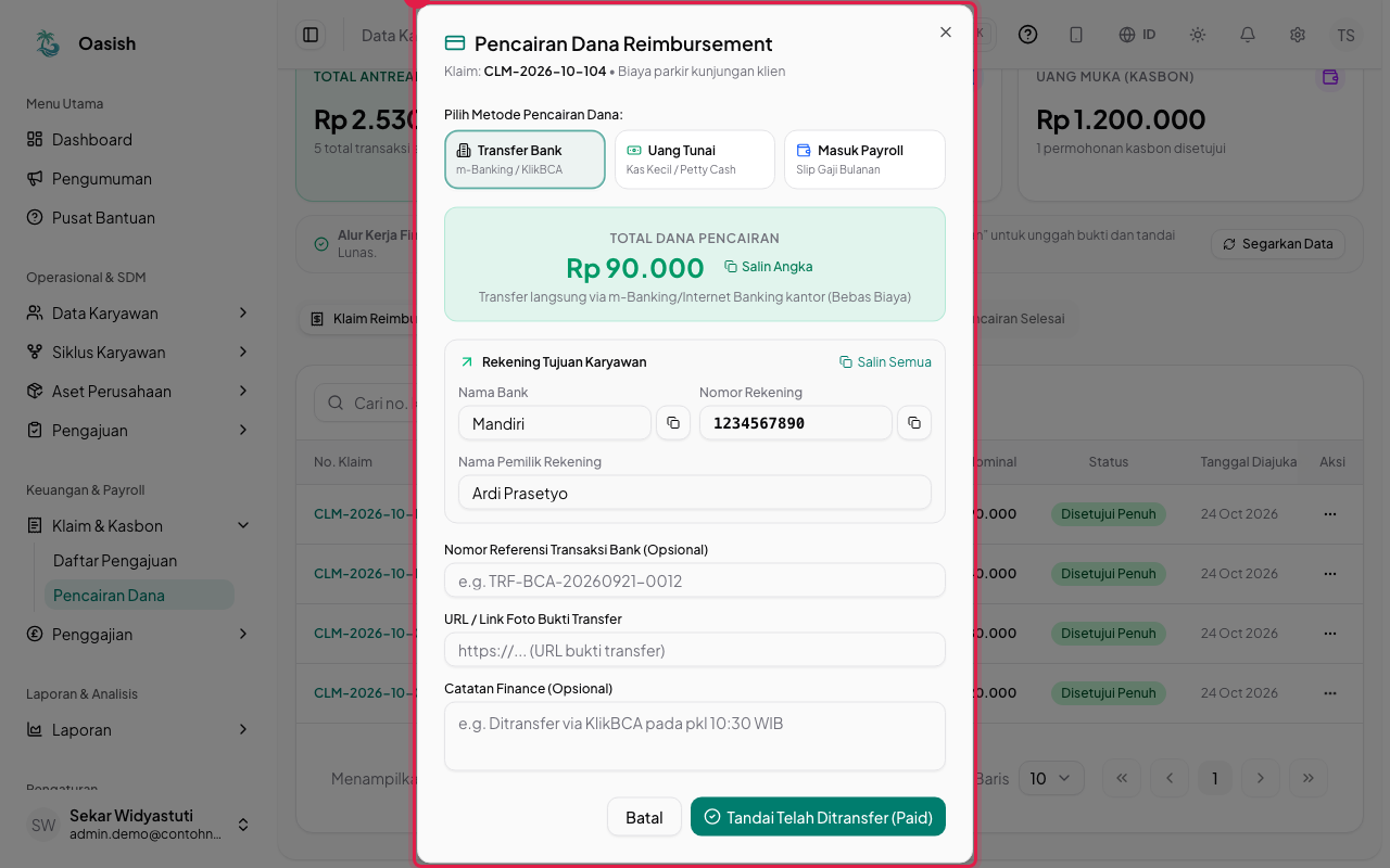 Dialog metode pencairan dana