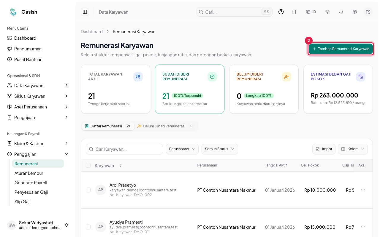 Tombol Tambah Remunerasi Karyawan