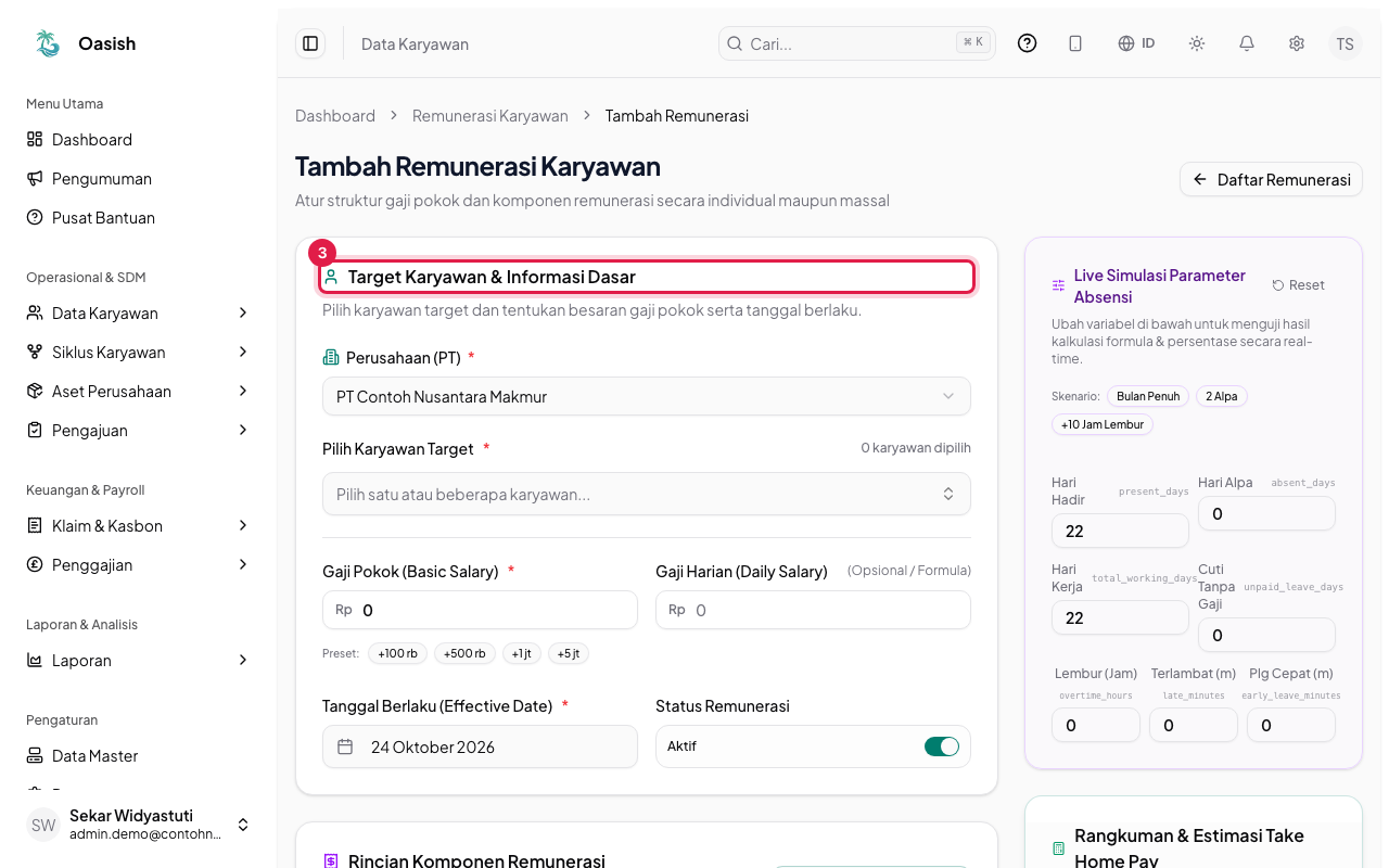 Bagian target karyawan dan informasi dasar