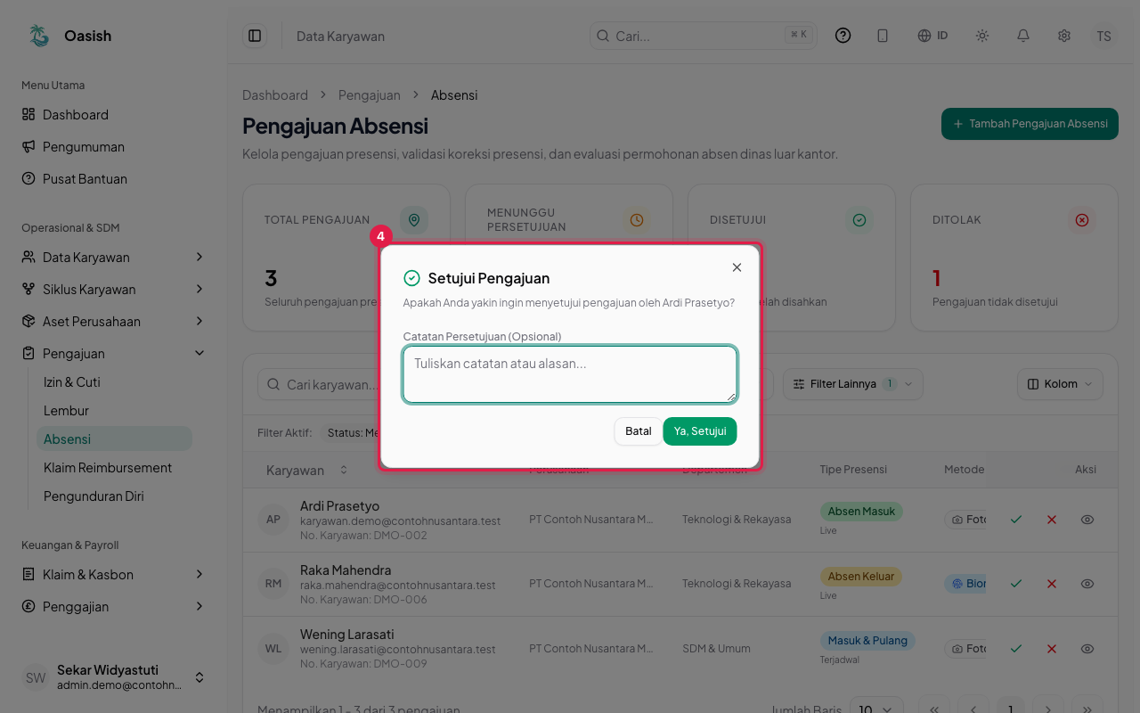 Dialog keputusan persetujuan absensi