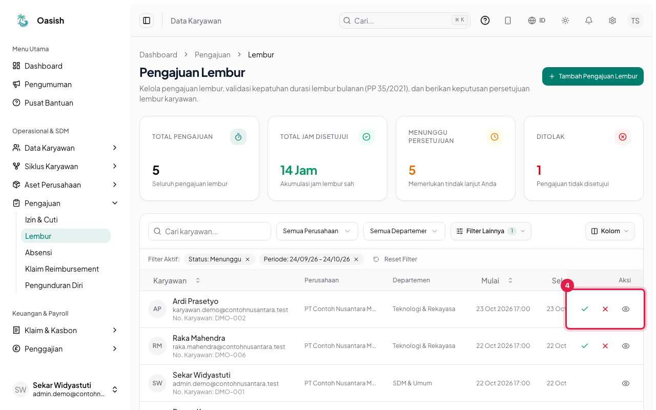 Ikon centang dan silang pada baris pengajuan