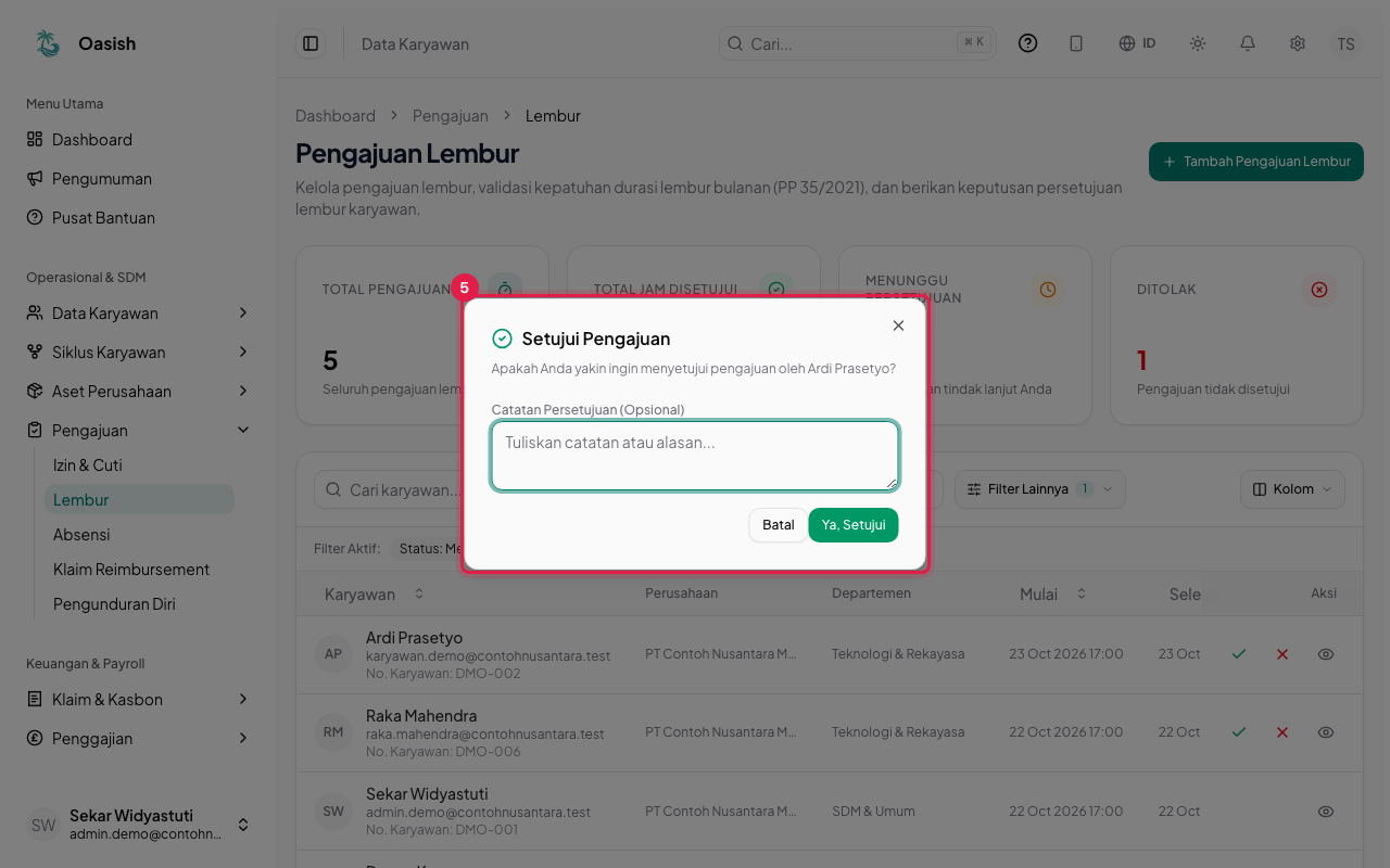 Dialog Setujui Pengajuan dengan kolom catatan
